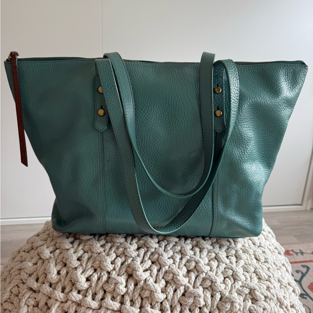 Fossil Teal Leather Tote Bag